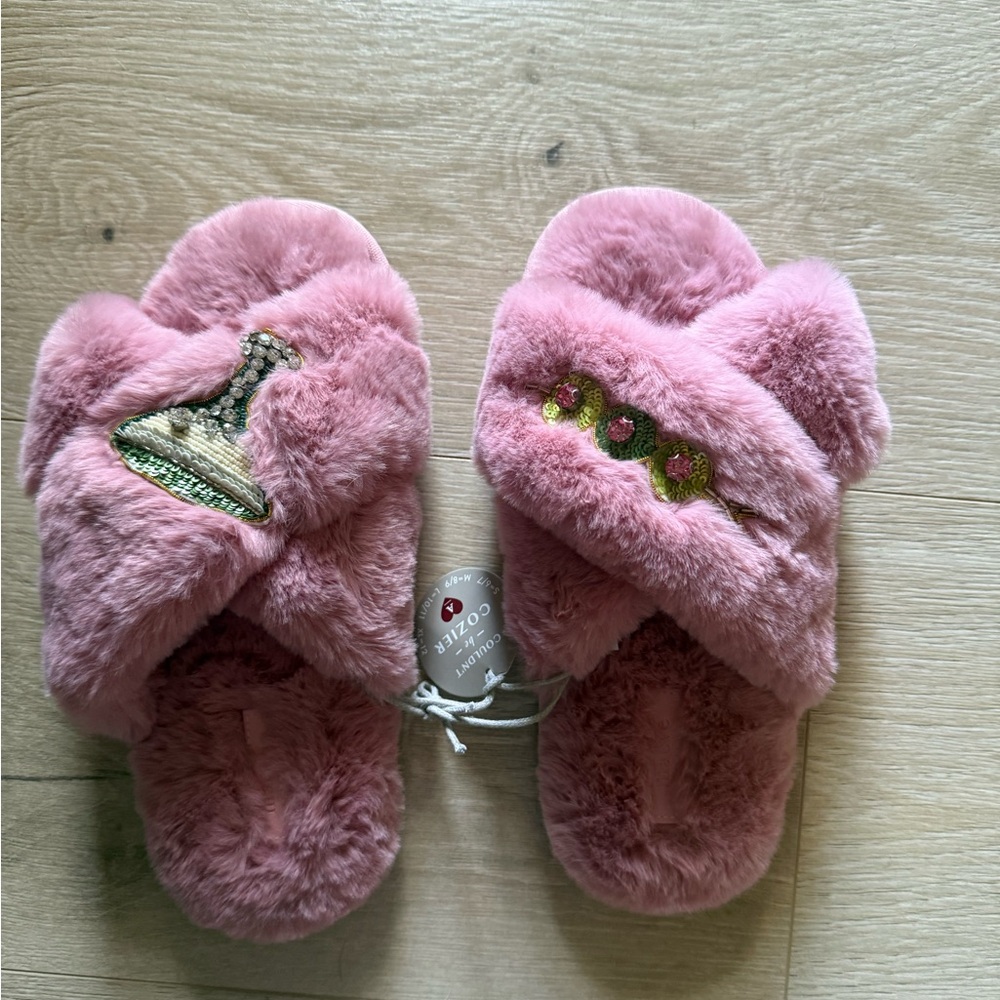 Anthropologie Rose Fuzzy Slippers Olive Martini